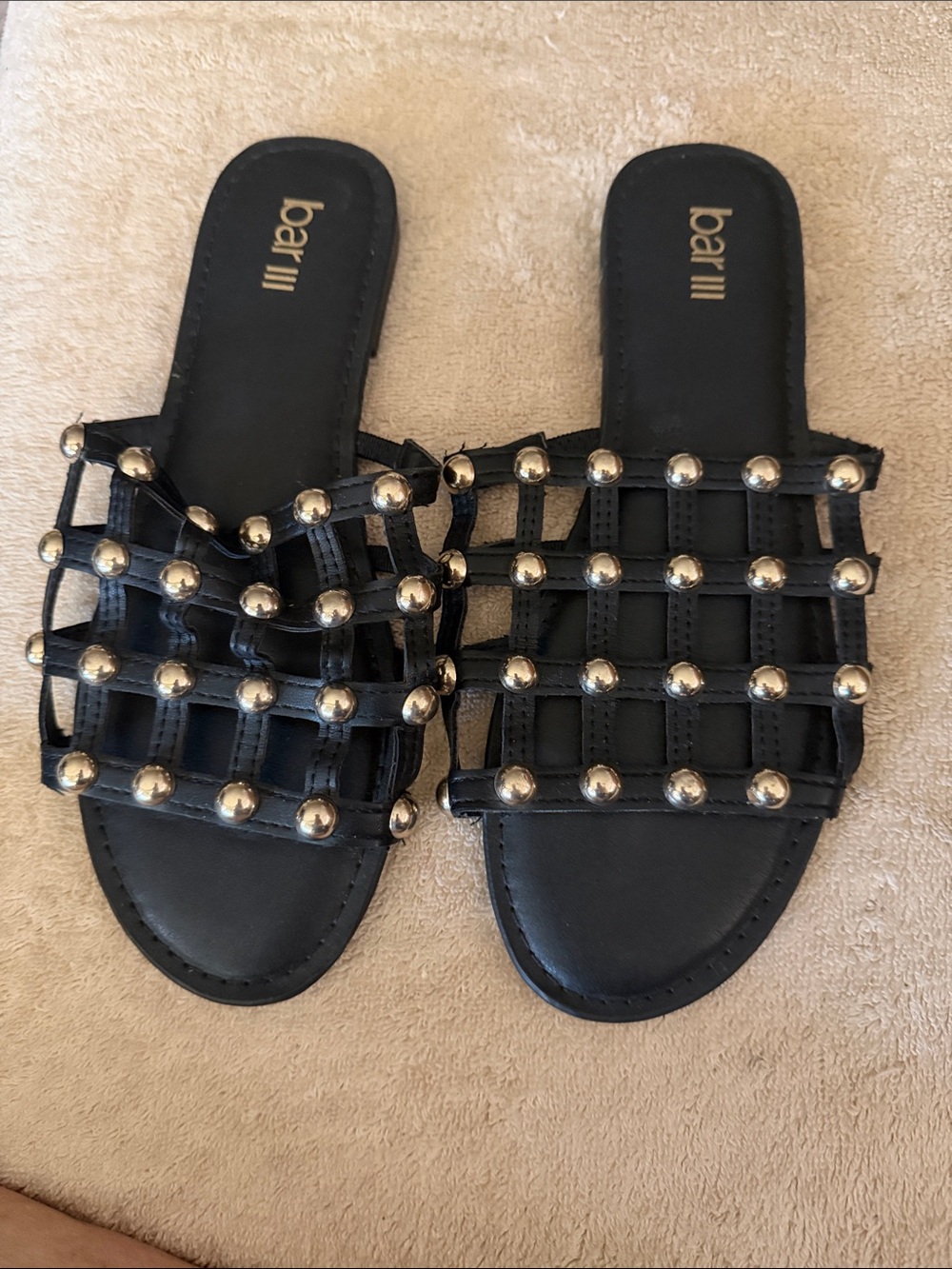 Bar III Black Lattice Slide Sandals with Gold Studs
